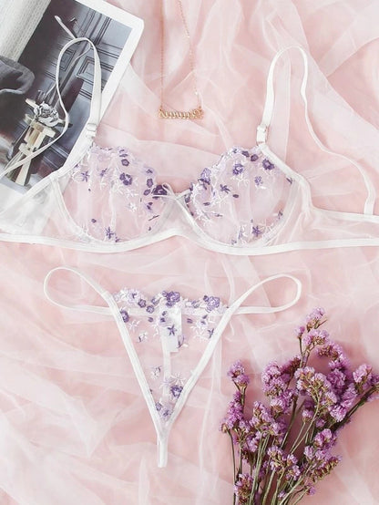 Conjunto de lencería erótica con bordado floral