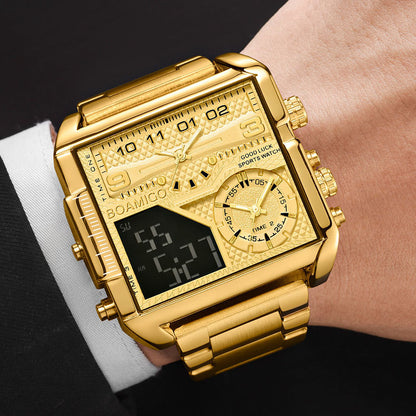 BOAMIGO - Nuevo reloj de lujo de marca superior para hombre, de acero inoxidable dorado, deportivo, cuadrado, digital, analógico, de cuarzo, grande