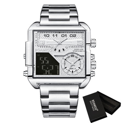 BOAMIGO - Nuevo reloj de lujo de marca superior para hombre, de acero inoxidable dorado, deportivo, cuadrado, digital, analógico, de cuarzo, grande