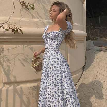 Vestido de verano con estampado floral para mujer, sexy, para fiesta, largo, manga corta abullonada