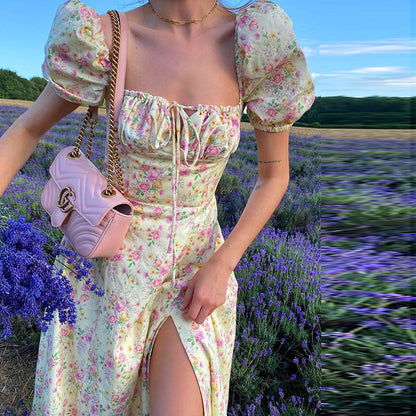 Vestido de verano con estampado floral para mujer, sexy, para fiesta, largo, manga corta abullonada
