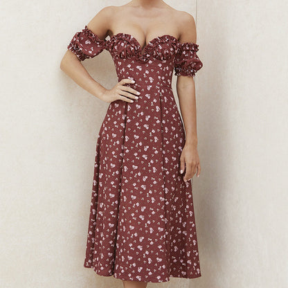 Vestido de verano con estampado floral para mujer, sexy, para fiesta, largo, manga corta abullonada