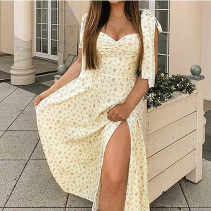Vestido de verano con estampado floral para mujer, sexy, para fiesta, largo, manga corta abullonada