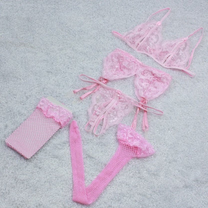 Lencería sexy de gasa, ropa interior para dormir, lencería erótica caliente, sujetador, tanga, conjunto de liga