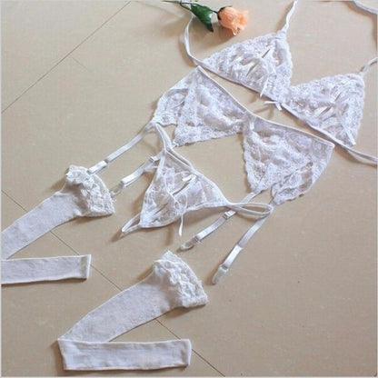 Lencería sexy de gasa, ropa interior para dormir, lencería erótica caliente, sujetador, tanga, conjunto de liga