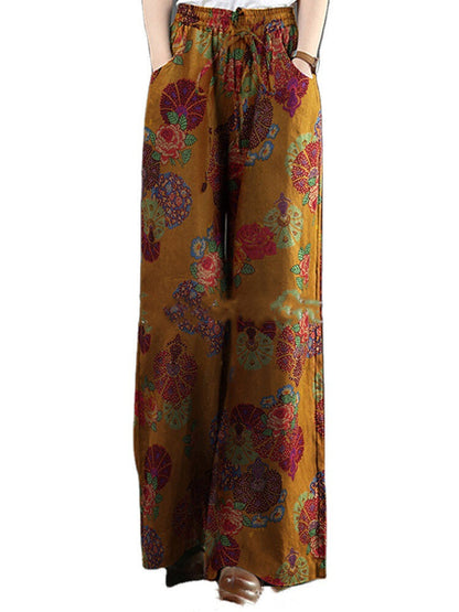 Neue bedruckte Hose mit weitem Bein aus Baumwolle und Leinen für Damen