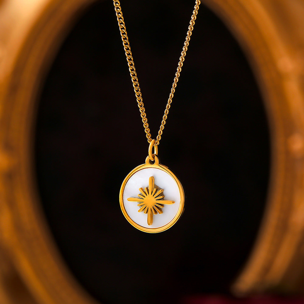 Vintage XINGX Water Shell Round Plate Pendant Necklace Titanium Steel 18K Gold Plated Clavicle Chain