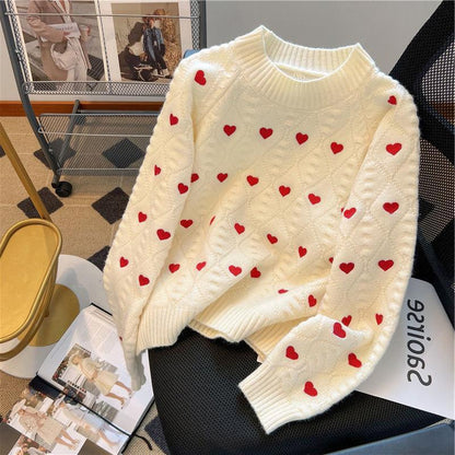 Suéter de punto trenzado con estampado de corazones para mujer