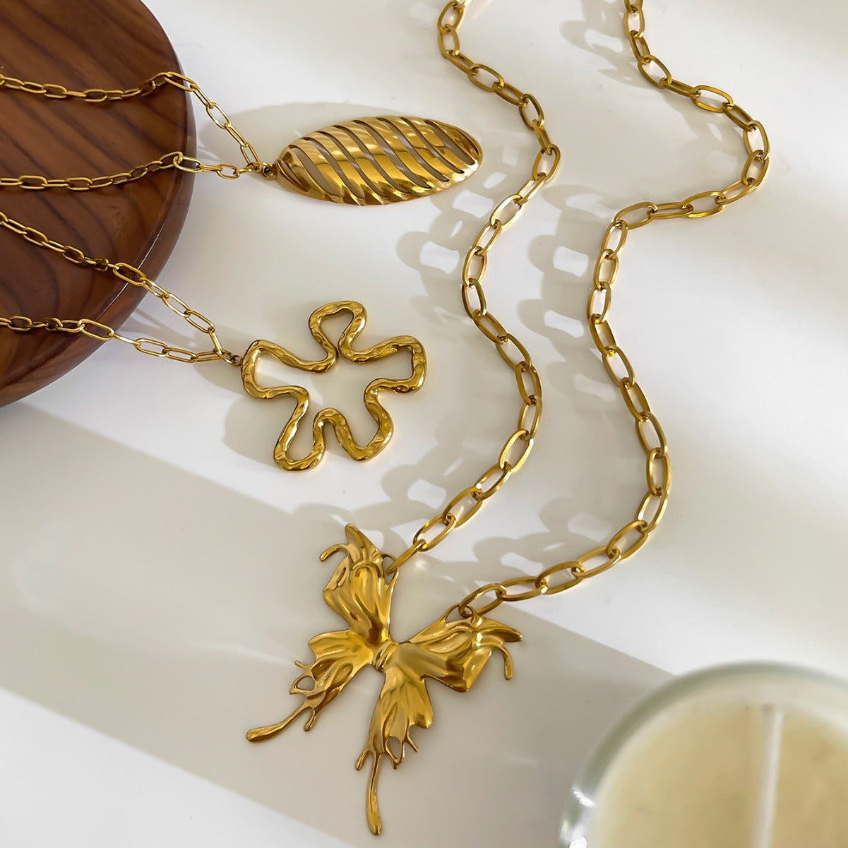 New Stainless Steel Butterfly Flower Oval Leaf Pendant Exaggerated Style Female Necklace