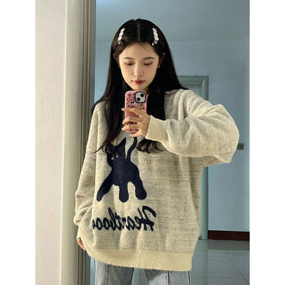 Damen Retro College Special-Interest Design Katzenmuster Strickpullover