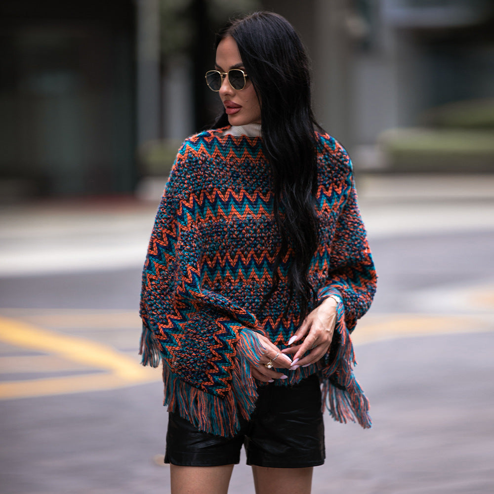 V-neck Cloak Type Twill Plaid Tassel Pullover Shawl Knitwear Sweater