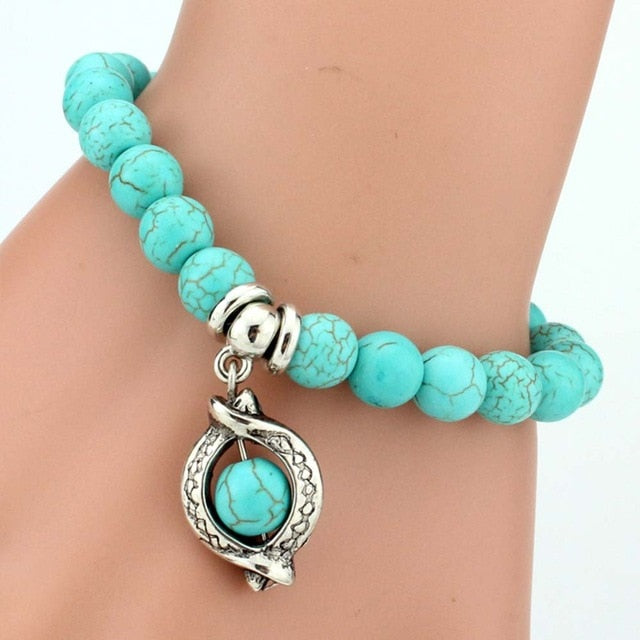 Vintage Boho Charm Bracelets Bangles Women Natural Stone Tree of Life Elephant Owl Pendant Bead Bracelet Men Jewelry