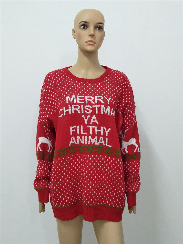 Women's Clothing Amazon Hot Knitwear Letter Deer Loose Plus Size Mid-length Sweater