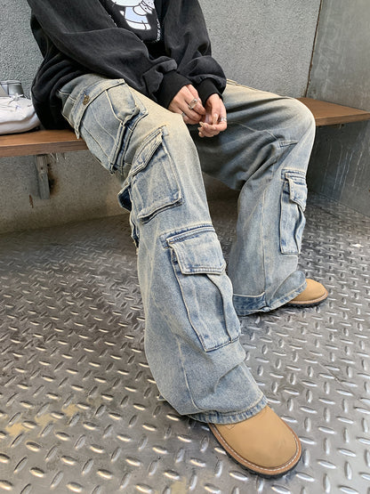 Street Work Design Jeans Pocket Stitching Weite Beinhose Damen
