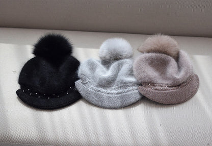 Gorro de piel de zorro para otoño e invierno, gorro de punto con visera de piel de conejo y cuentas para mujer