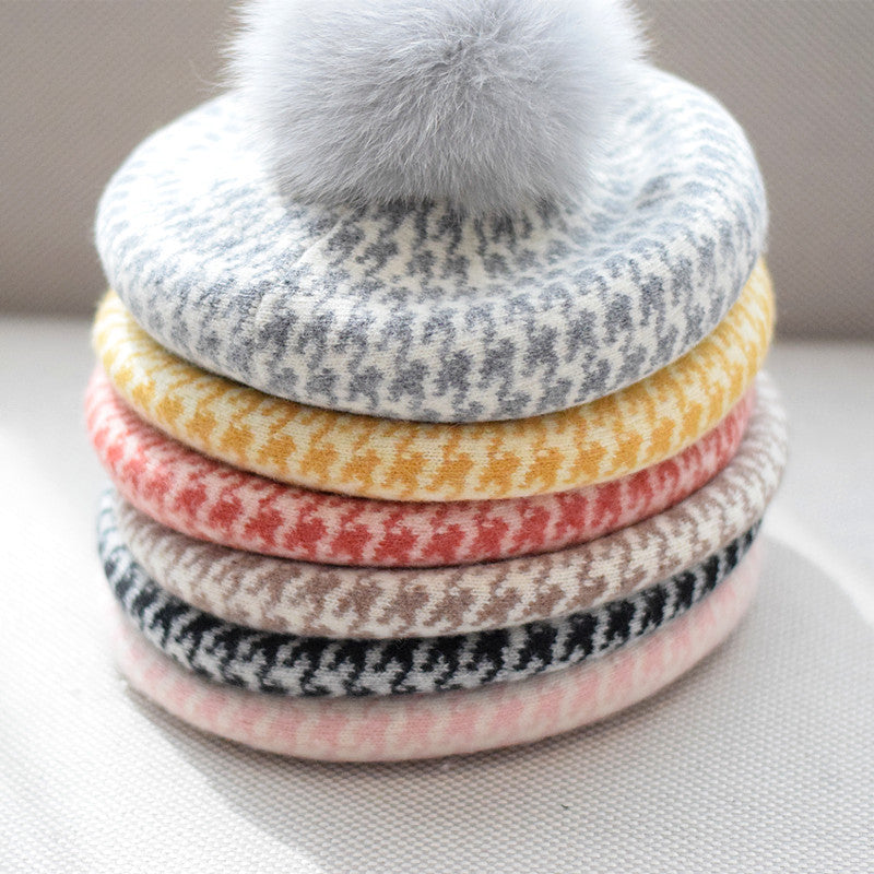 Women's Autumn And Winter Fox Fur Ball Knitted Octagonal Cap