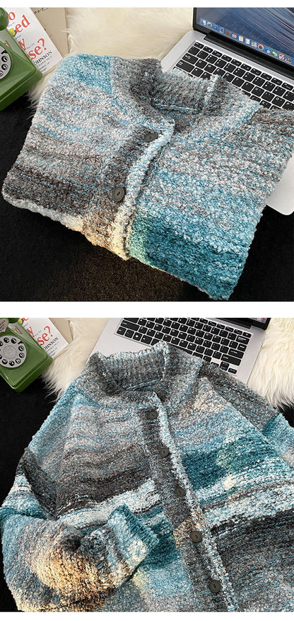Blue Gradient Cardigan Sweater Men's Loose