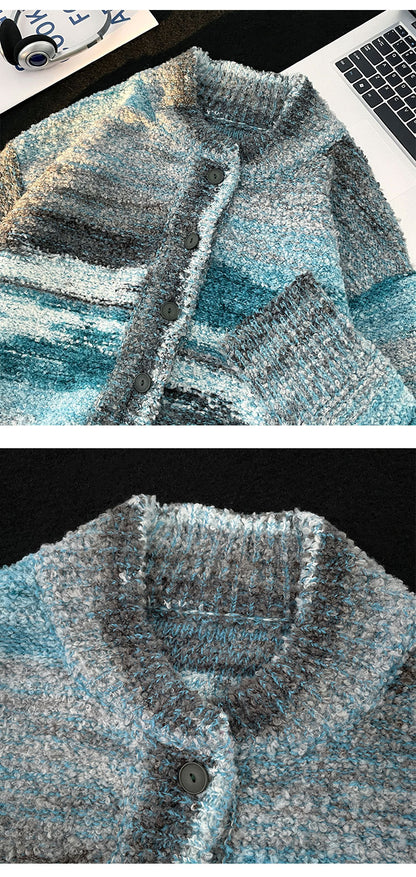 Blue Gradient Cardigan Sweater Men's Loose