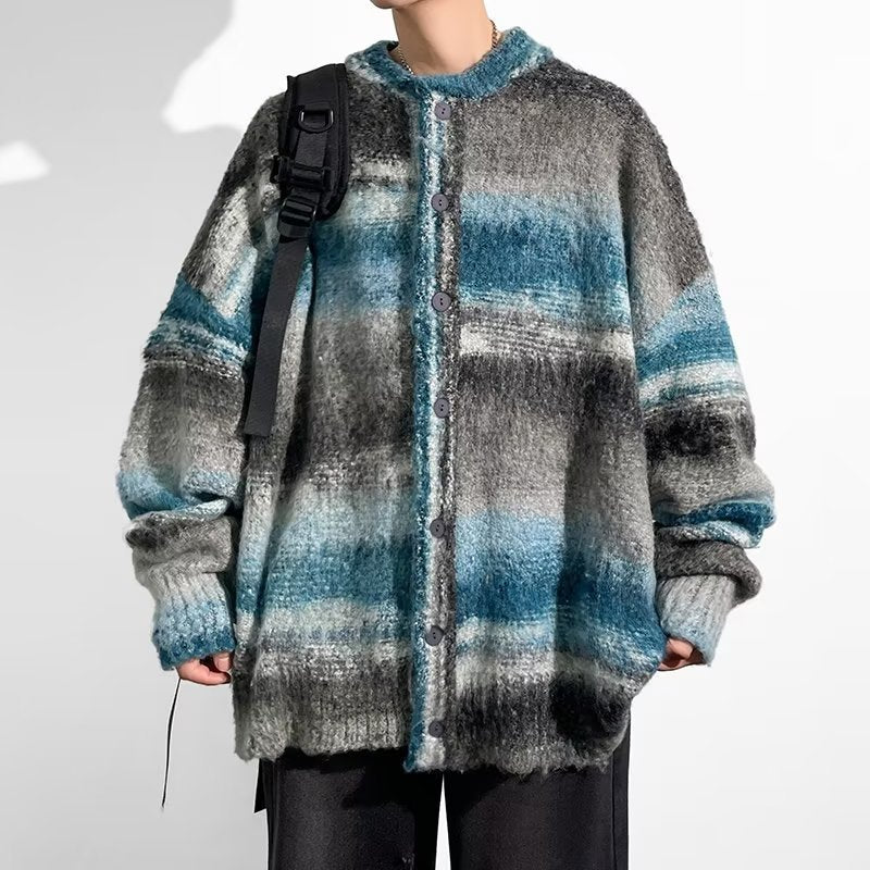 Contrast Color Sweater Hong Kong Style Trendy Baggy Coat Men's And Women's Fashion Casual Knitted Cardigan Top