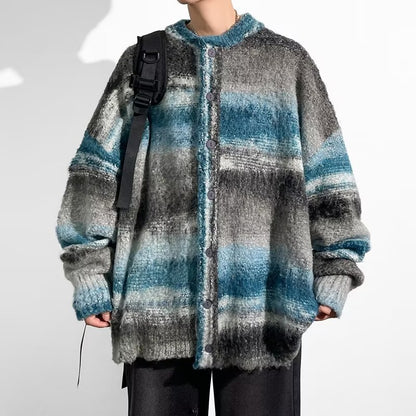 Contrast Color Sweater Hong Kong Style Trendy Baggy Coat Men's And Women's Fashion Casual Knitted Cardigan Top