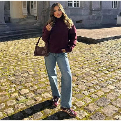 Suéter de cuello alto rojo vino vintage para mujer con personalidad de punto