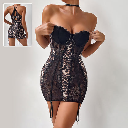 Vestido tubo sexy de encaje de leopardo con corsé a la moda, vestidos cortos de corte A para mujer, ropa