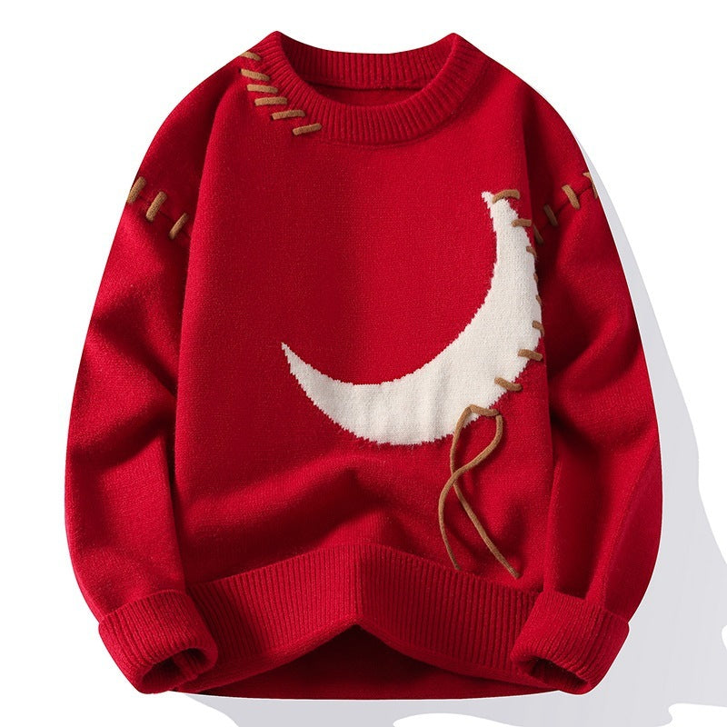 Suéter de cuello redondo con estampado de luna y jacquard para hombre