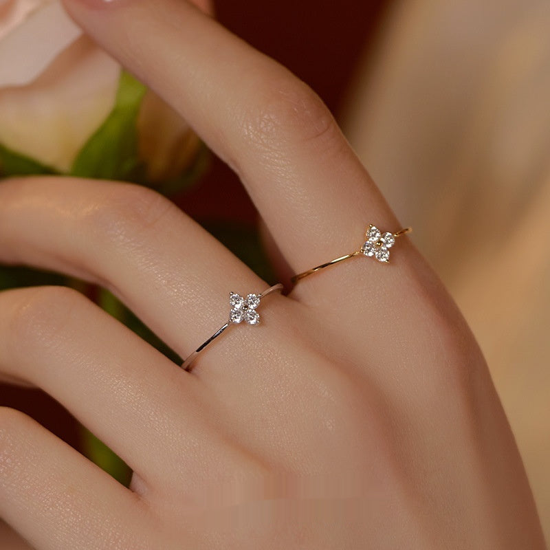 Diamond Four-leaf Clover Ring Female Gold Plated High-grade Closed Mouth