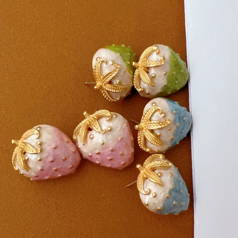 Vintage Western Style White Enamel Glaze Strawberry Silver Stud Earrings