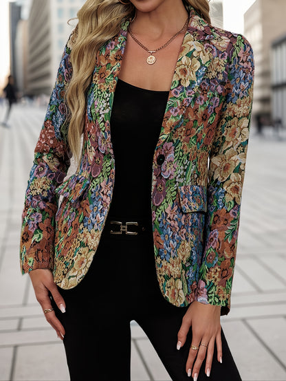 Damen-Blazerjacke mit Blumenmuster – Elegante, lockere Passform, mittellang, lange Ärmel, Ein-Knopf-Verschluss