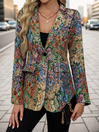 Damen-Blazerjacke mit Blumenmuster – Elegante, lockere Passform, mittellang, lange Ärmel, Ein-Knopf-Verschluss