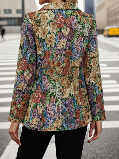 Damen-Blazerjacke mit Blumenmuster – Elegante, lockere Passform, mittellang, lange Ärmel, Ein-Knopf-Verschluss