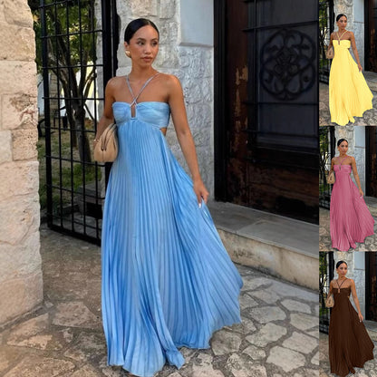 Vestido plisado sin mangas con tirantes y cintura alta para mujer