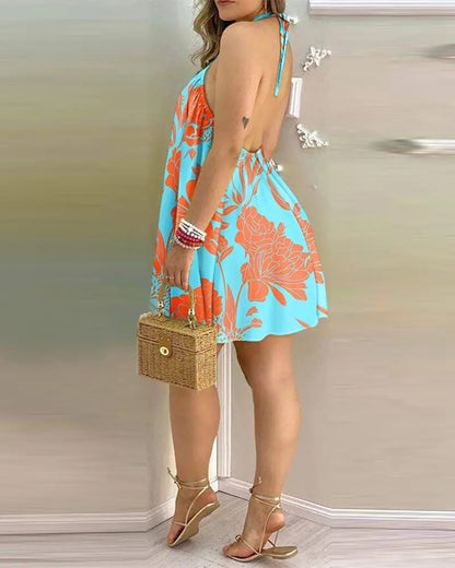 Vestido estampado de verano con hombros descubiertos y cuello colgante sin mangas, vestidos sexys para mujer