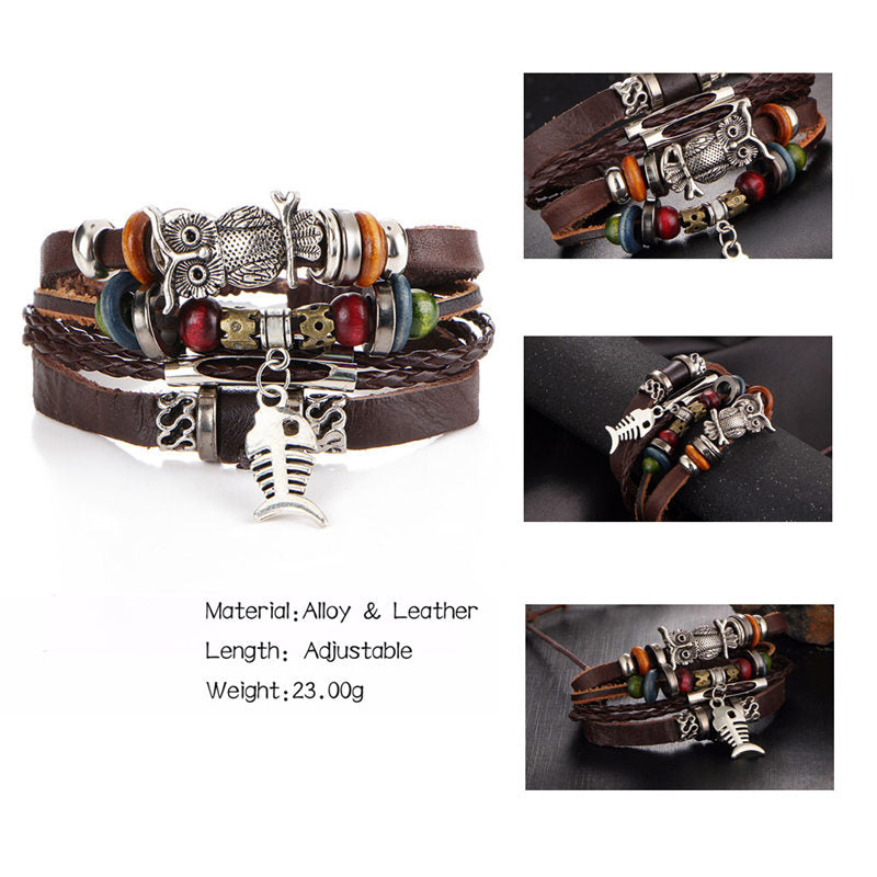 2 pcs Tibet Stone Feather Multilayer Leather Bracelet Eye Fish Charms Beads Bracelets for Men Vintage Punk Wrap Wristband
