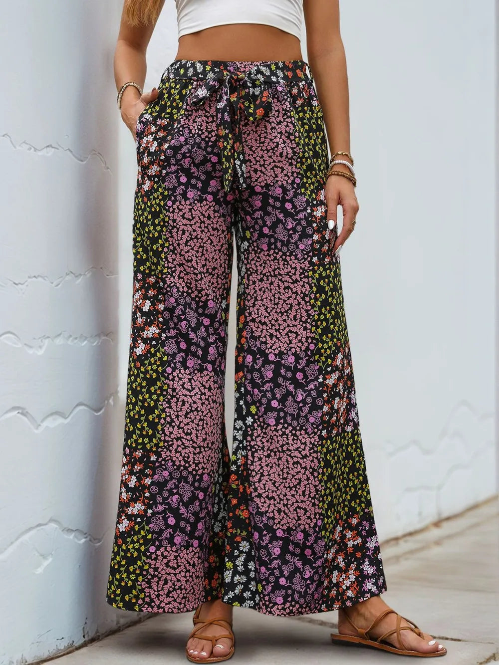 Lace up leopard print high waisted wide leg pants for women - BAGMODA