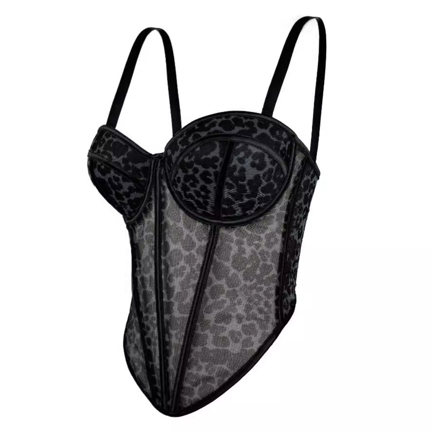 Sexy Leopard Print Splicing Bralette with High-End Mesh Lace Sheer Outerwear Boned Bustier