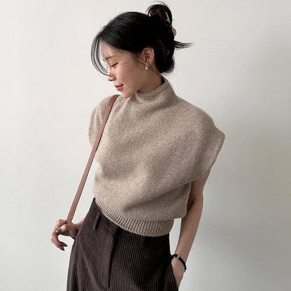 Hoher Kragen Lose All-matching Ärmellose Strickwaren Pullover Top Frauen