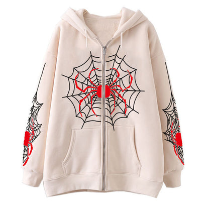 Sudadera con cremallera de telaraña para mujer, estilo urbano, de comercio exterior, con capucha, estilo retro americano, informal, para primavera y otoño