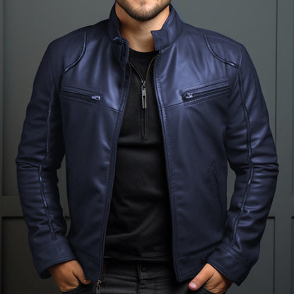 Chaqueta de cuero para motociclista con cuello alto para hombre