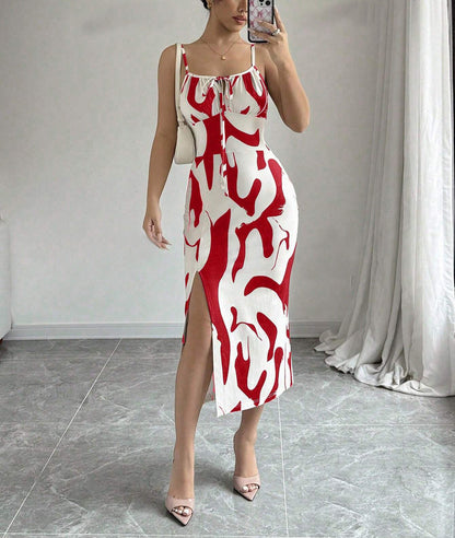 Vestido largo ajustado con cordones y estampado de verano para mujer