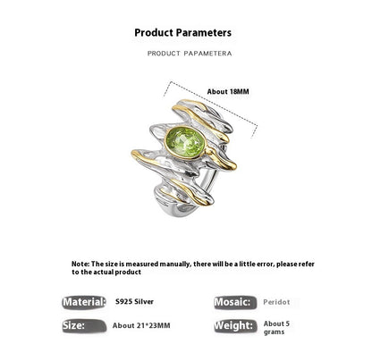 Anillo abierto unisex de prehnita con personalidad irregular en plata de ley S925
