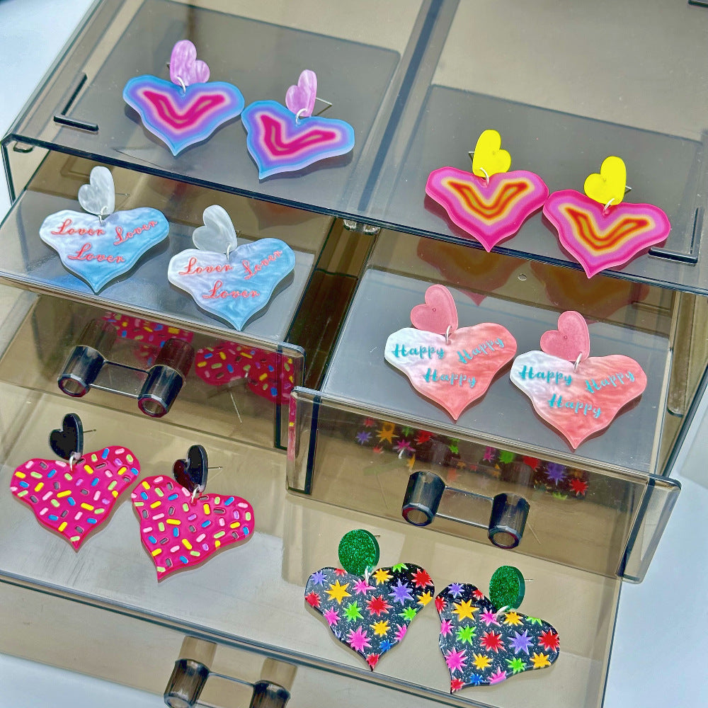 Color Printing Love Heart Acrylic Earrings