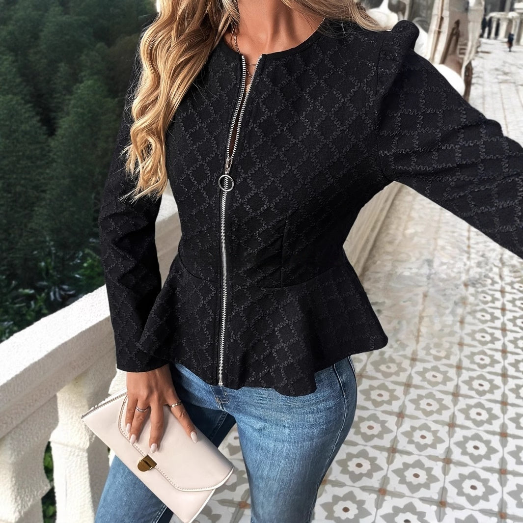 Women's Slim-fit Solid Color Embossed Waist-controlled Long Sleeves Round Neck Lightweight Top