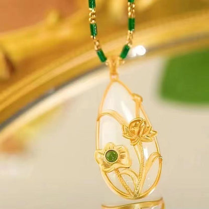 Collar con colgante de gota de agua para mujer, hoja de loto, estilo retro, elegante, cadena para clavícula.