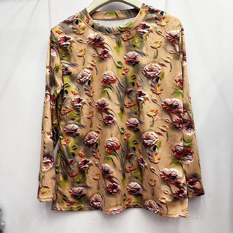Skin-friendly Cotton Printed Long Sleeve Western Style Youthful-looking Loose Top