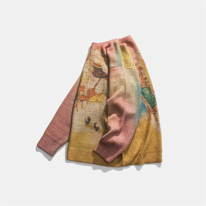 Strickwaren Japanischer Trendy Brandneuer Rundhalspullover mit Tier-Colorblock-Print