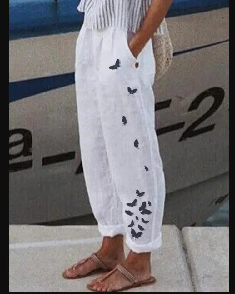 Cotton And Linen Printed Loose Track Pants Women