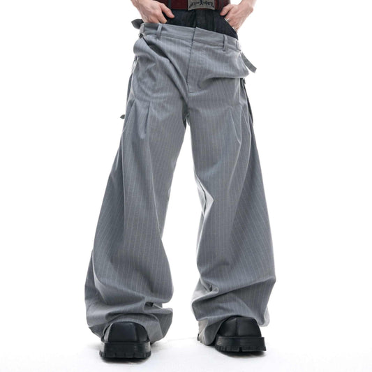 Niche Double Waist Striped Suit Pants Raw Denim Stitching Design Sense Draped Pants Men And Women