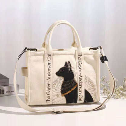 Schultertasche aus Canvas mit Katzenstickerei
